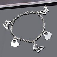 1PC 22cm Women Stainless Steel Silver Chain Bracelet With Heart Butterfly Charm N3