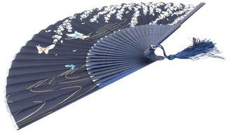 Blue Butterfly White Flower Pattern Lace Bamboo Handheld Folding Fans for Girls Women N2