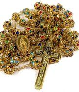 Colorful Zircon Beads Golden Rosary Catholic Necklace Miraculous Medal Cross N3