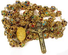 Colorful Zircon Beads Golden Rosary Catholic Necklace Miraculous Medal Cross N4