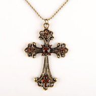 Vintage Bronze Cross Champagne Rhinestone Carved Flower Pendant Necklace N2