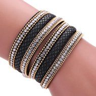 AutumnFall&reg; Stackable Rhinestone and Alloy Studs Black PU Leather Wrap Bracelet (Black) N3