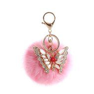 AutumnFall&reg; Rabbit Fur Ball Rhinestone Butterfly Keychain Bag Plush Key Ring Car Key Pendant (Hot Pink) N5