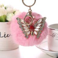 AutumnFall&reg; Rabbit Fur Ball Rhinestone Butterfly Keychain Bag Plush Key Ring Car Key Pendant (Hot Pink) N6