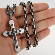 5mm Mens Chain Black Silver Byzantine Box Stainless Steel Cross Pendant Necklace