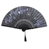 Linen Butterfly Flowers Hand Fan Lacquer Handle Folding Fan Black