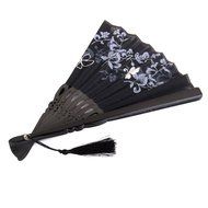Linen Butterfly Flowers Hand Fan Lacquer Handle Folding Fan Black N2