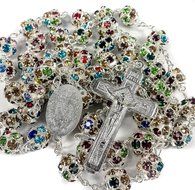 Colorful Zircon Beads Silver Rosary Catholic Necklace Miraculous Medal Cross