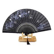 Linen Butterfly Flowers Hand Fan Lacquer Handle Folding Fan Black N3