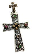 Unique Silver 925 Crucifix Copper Filigree Ruby Emerald Crystals Jerusalem 2" N3