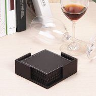 Willcome Set of 6 Leather Round Drink Coasters Cup Mats with Coaster Holder for Wine Beer or Any Beverage Use N6
