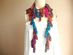 Curly Crochet Scarf-Multicolor Lariat Scarf-Necklace Lariat Scarf-Pink,Orange,Blue Scarf-Vegan Scarf N4
