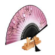 Linen Butterfly Flowers Hand Fan Lacquer Handle Japanese Folding Fan Cosplay Costome Accs Pink N9