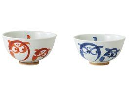 Saikai Pottery Owl Pair Japanese Bowl for rice S size Red 69072 &amp; L size Blue 69071 from Japan