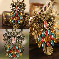 Retro Vintage Colorful Rhinestone Bronze Owl Pendant Necklace Long Chain Jewelry