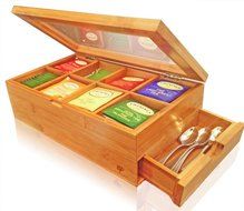 Best Bamboo Tea Box Natural Chest with Clear Hinged Lid, 8 Storage Sections with Expandable Drawer N3