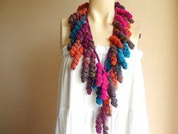 Curly Crochet Scarf-Multicolor Lariat Scarf-Necklace Lariat Scarf-Pink,Orange,Blue Scarf-Vegan Scarf N5