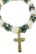 Stretchable Golden Bracelet Green Crystal Beads &amp; Zircons Cross Jerusalem