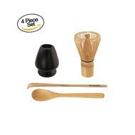 BambooMN Brand - Matcha Green Tea Whisk Set - Whisk + Scoop + Tea Spoon + Black Whisk Holder