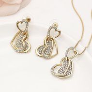 Pop Full Crystal Double Hearts Jewelry Set Women Wedding Gold Necklace Earrings N3