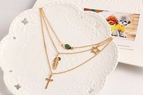 QTMY Gold Leaves Eye Feather Cross Star 3 layers Multilayer Necklace