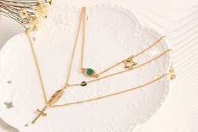 QTMY Gold Leaves Eye Feather Cross Star 3 layers Multilayer Necklace N2