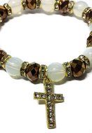 Gold Glass Beads Stretchable Bracelet Brown Crystals &amp; Zircons Cross Jerusalem N2