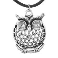 1PC Men's Women's Owl Silver Tone Pendant Necklaces Black Wax Rope Chain