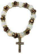 Gold Glass Beads Stretchable Bracelet Brown Crystals &amp; Zircons Cross Jerusalem N3