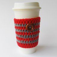 Travel Mug Cozy Striped Red and Grey Cup Wood Button