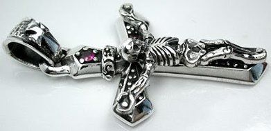 Skull Cross W/ruby Sterling Silver .925 Biker Rock Harley Pendant N3