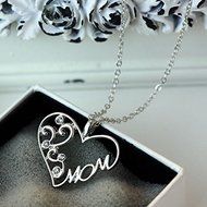 "Mom" Charm Crystal Heart Pendant Necklace Chain Statement Mother's Day Gifts N8