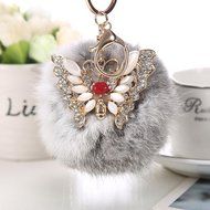 AutumnFall&reg; Rabbit Fur Ball Rhinestone Butterfly Keychain Bag Plush Key Ring Car Key Pendant (Hot Pink) N7
