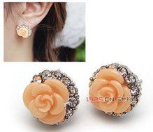 Fashion Pair Silver Plated Coral Rose Flower Clear Crystal Stud Earrings