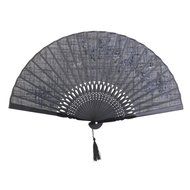 Linen Butterfly Flowers Hand Fan Lacquer Handle Folding Fan Black N4