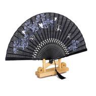 Linen Butterfly Flowers Hand Fan Lacquer Handle Folding Fan Black N5