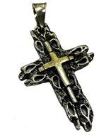 CATHOLIC CRUCIFIX OXIDIZED SILVER 925 WITH 14K GOLD PENDANT HOLY LAND CROSS 1.4"