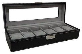 Watch Box 6 Mens Black Leather Display Glass Top Jewelry Case Organizer, New