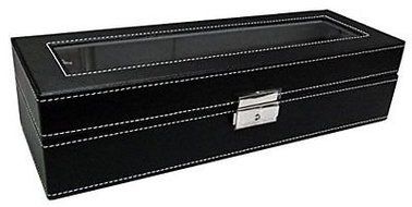 Watch Box 6 Mens Black Leather Display Glass Top Jewelry Case Organizer, New N2