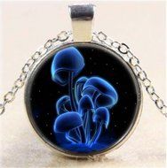 Fluorescent Mushrooms Cabochon Glass Tibet Silver Chain Pendant Necklace