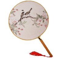 2PCS Cotton Fabric Fan Print Decor Bamboo Handle Round Hand Fan, Flower/Bird