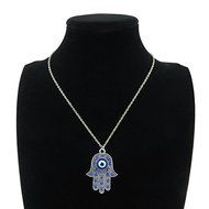 9-3 Blue Rhinestone Evil Eye Hamsa Hand Pendant Silver Chain Collar Necklace 18" N2