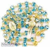 High Quality St. Benedict Gold Plated with Light Blue Crystal Miraculous Rosary