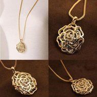 Women Gold Hollow Rose Flower Crystal Rhinestone Pendant Long Chain Necklace