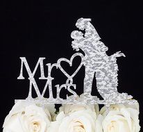 LOVENJOY with Gift Box Sparkling Mr and Mrs Monogram Bride Groom Silhouette Wedding Cake Topper (6-inch, Silver... N2