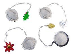 2&rdquo; Stainless Steel Tea Ball ​​Infusers, Set of 4 Assorted Holiday Charms On Chains​.​ N2
