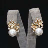 Vogue Jewelry Set Double Pearl Flower Dangle Earrings CZ Gold Plated Necklace N2