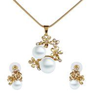 Vogue Jewelry Set Double Pearl Flower Dangle Earrings CZ Gold Plated Necklace N3