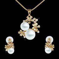 Vogue Jewelry Set Double Pearl Flower Dangle Earrings CZ Gold Plated Necklace N4