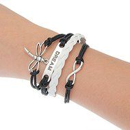 1PC Black New Silver Tone Dragonfly Dream Cute Leather Bracelet 19cm N2